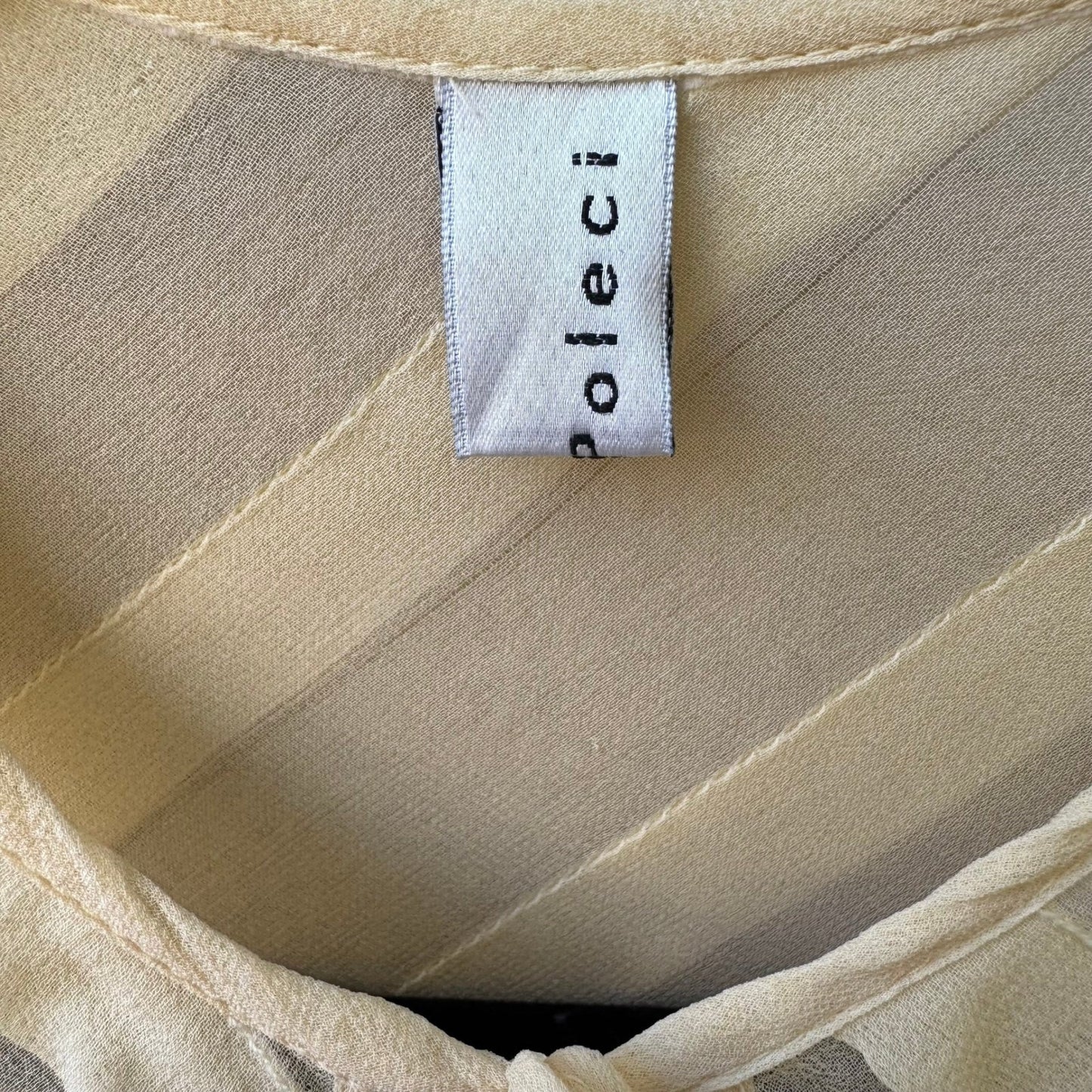 Poleci Silk Sheer Butter Yellow Diagonal Stripe Tie Blouse Ruffle 3/4 Sleeve m