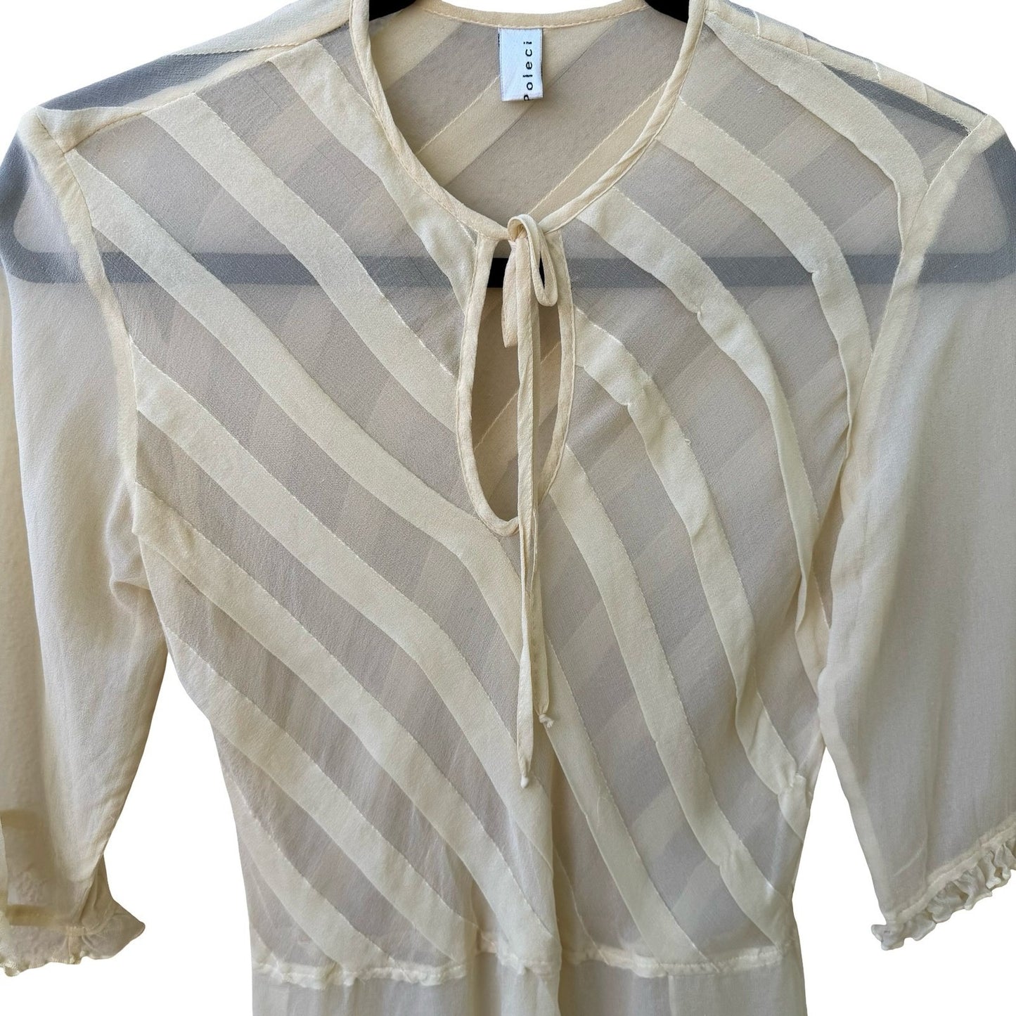 Poleci Silk Sheer Butter Yellow Diagonal Stripe Tie Blouse Ruffle 3/4 Sleeve m