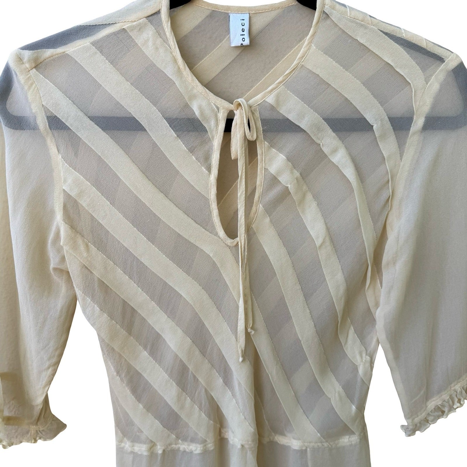 Poleci Silk Sheer Butter Yellow Diagonal Stripe Tie Blouse Ruffle 3/4 Sleeve m