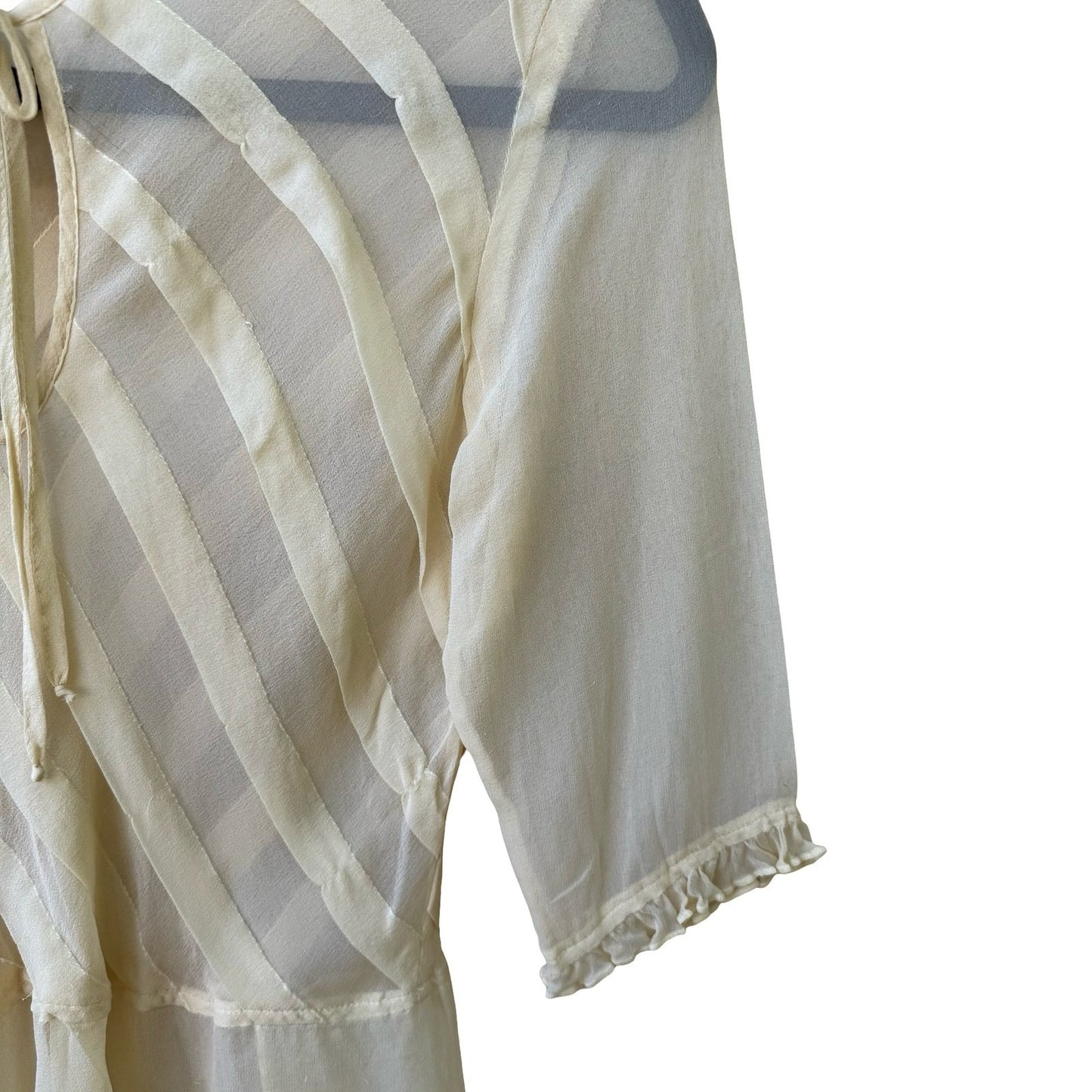 Poleci Silk Sheer Butter Yellow Diagonal Stripe Tie Blouse Ruffle 3/4 Sleeve m