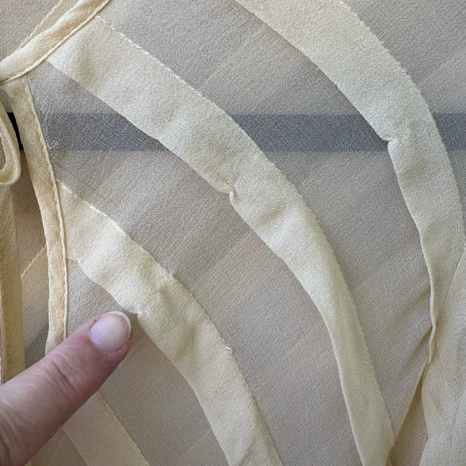 Poleci Silk Sheer Butter Yellow Diagonal Stripe Tie Blouse Ruffle 3/4 Sleeve m