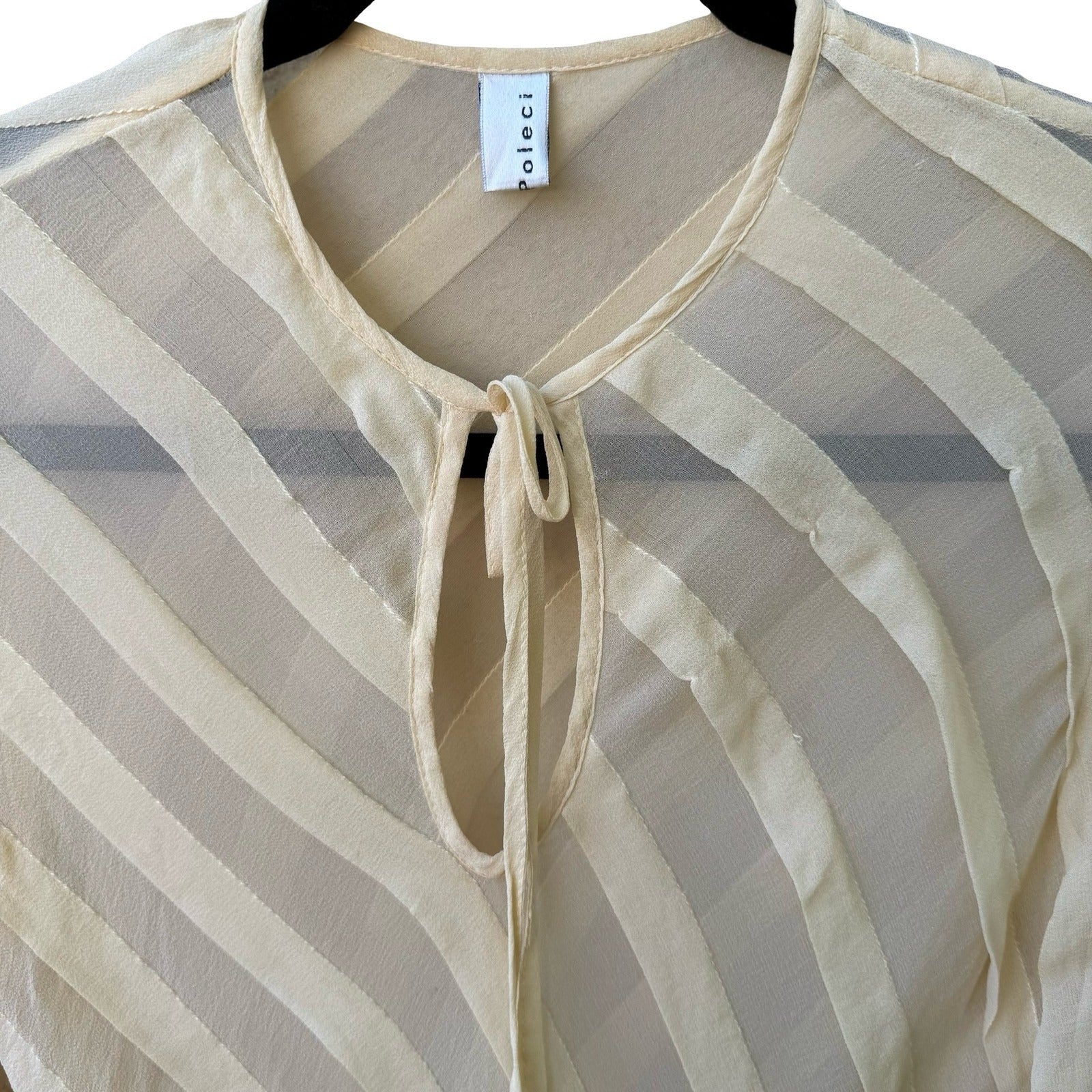 Poleci Silk Sheer Butter Yellow Diagonal Stripe Tie Blouse Ruffle 3/4 Sleeve m