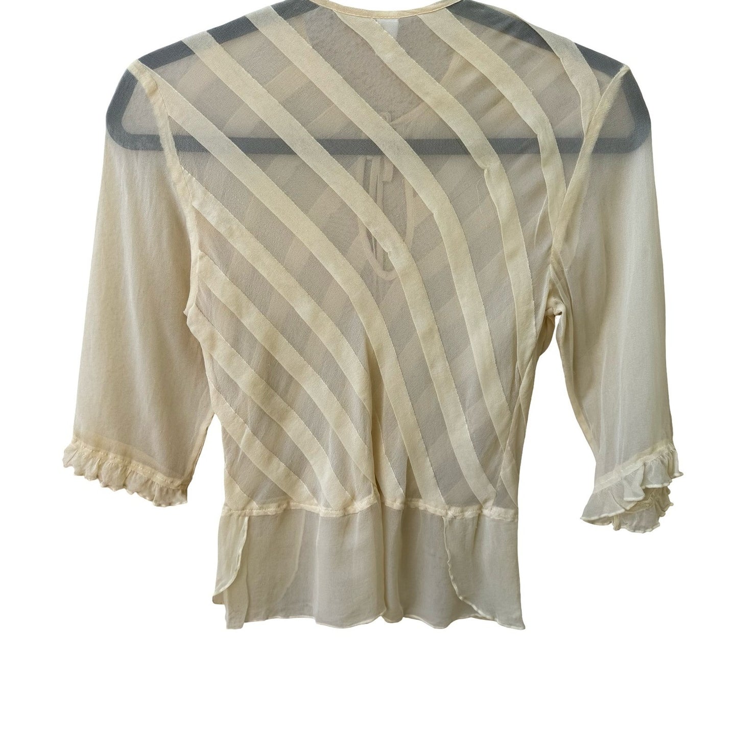 Poleci Silk Sheer Butter Yellow Diagonal Stripe Tie Blouse Ruffle 3/4 Sleeve m