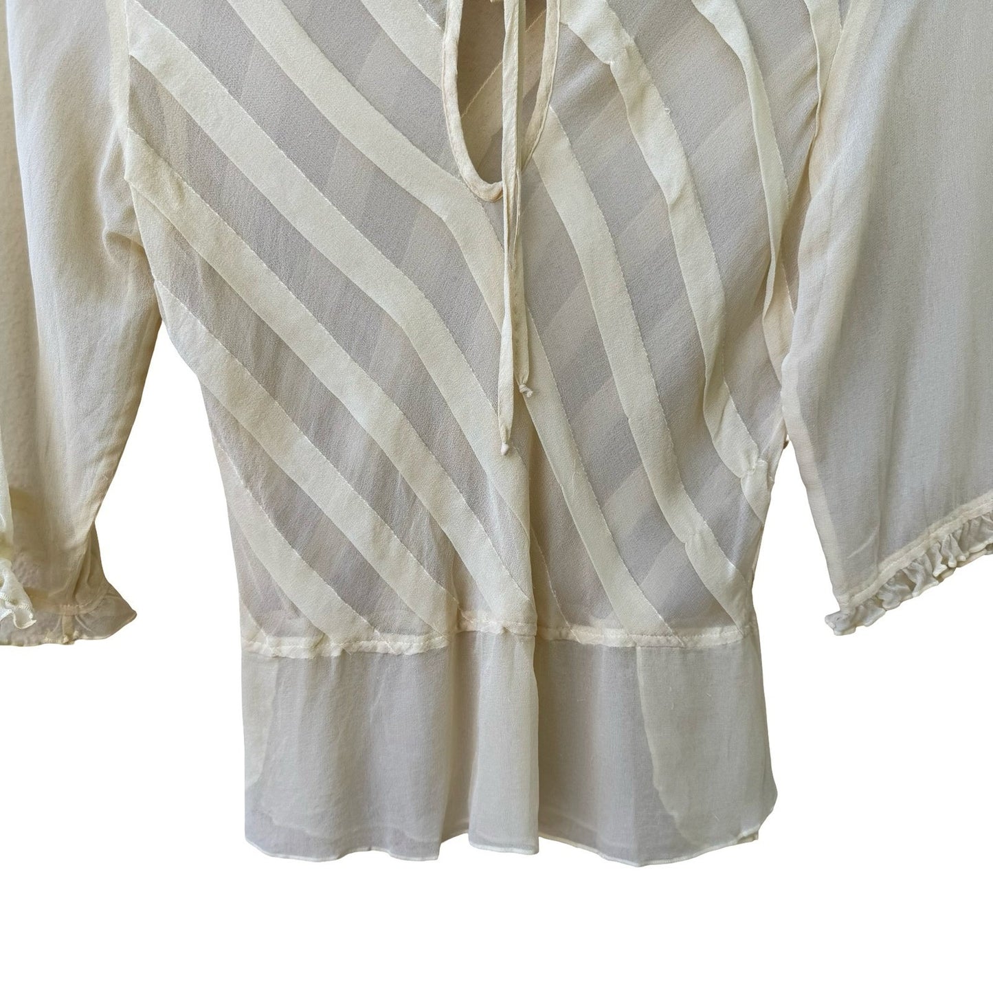 Poleci Silk Sheer Butter Yellow Diagonal Stripe Tie Blouse Ruffle 3/4 Sleeve m