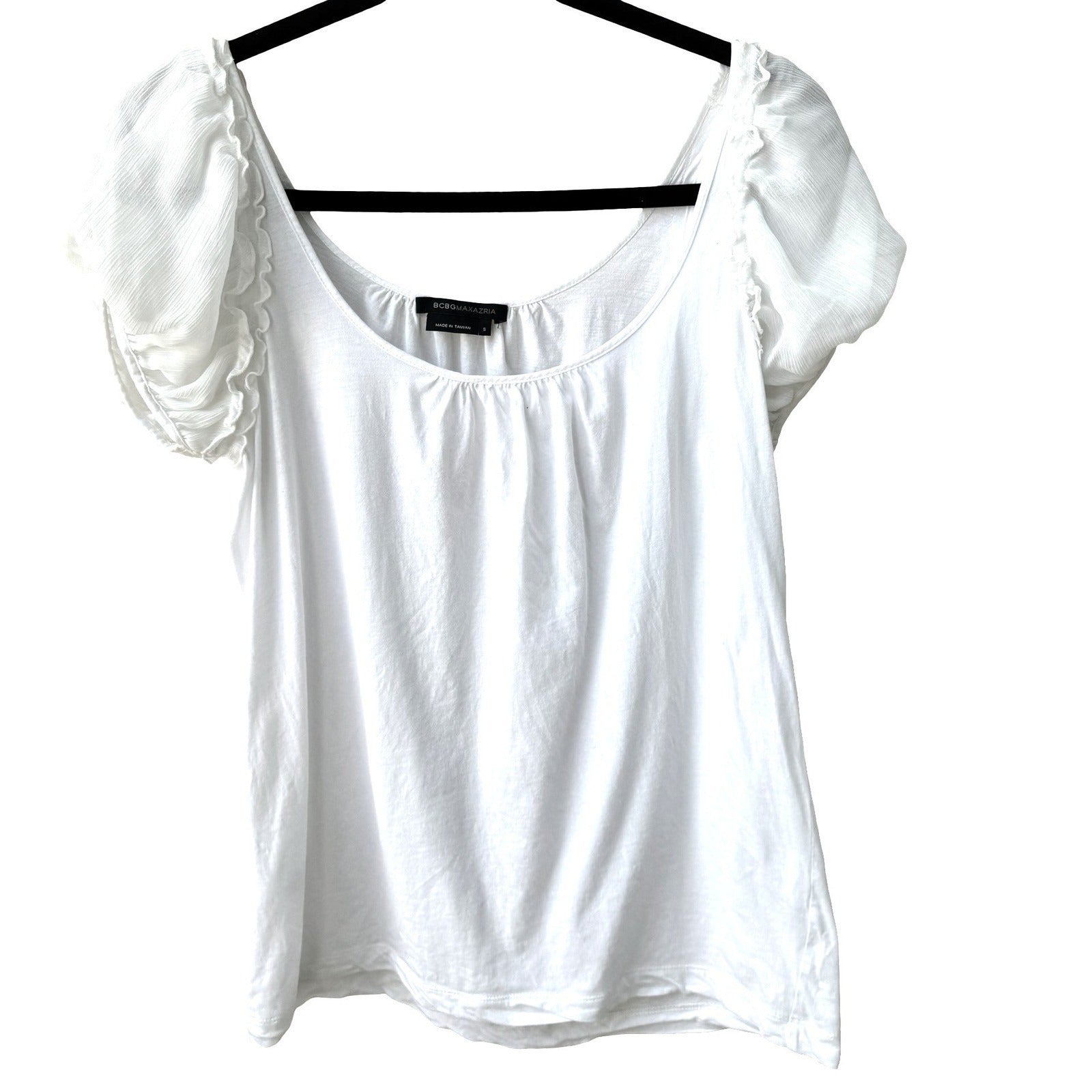BCBG MAXAZRIA Coquette Balletcore Feminine Pima Cotton Ruffle Puff Sleeve Top S