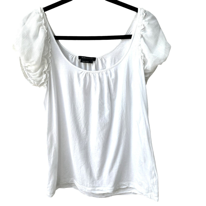 BCBG MAXAZRIA Coquette Balletcore Feminine Pima Cotton Ruffle Puff Sleeve Top S