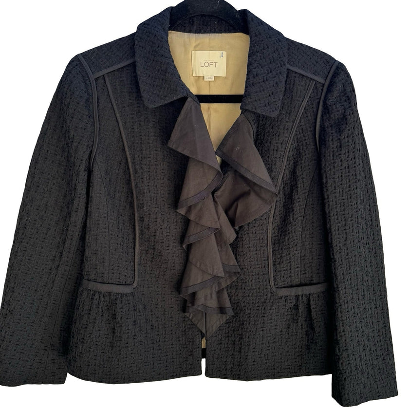 Ann Taylor LOFT Tailored Wool Blend Ruffle Front Peplum Blazer Jacket Black 6