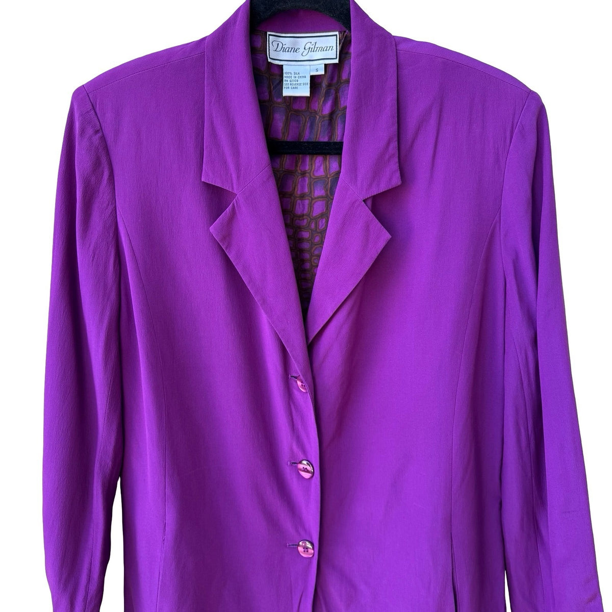 Diane Gilman Vintage 90s Luxury 100% Silk Longline Blazer Jacket Royal Purple S