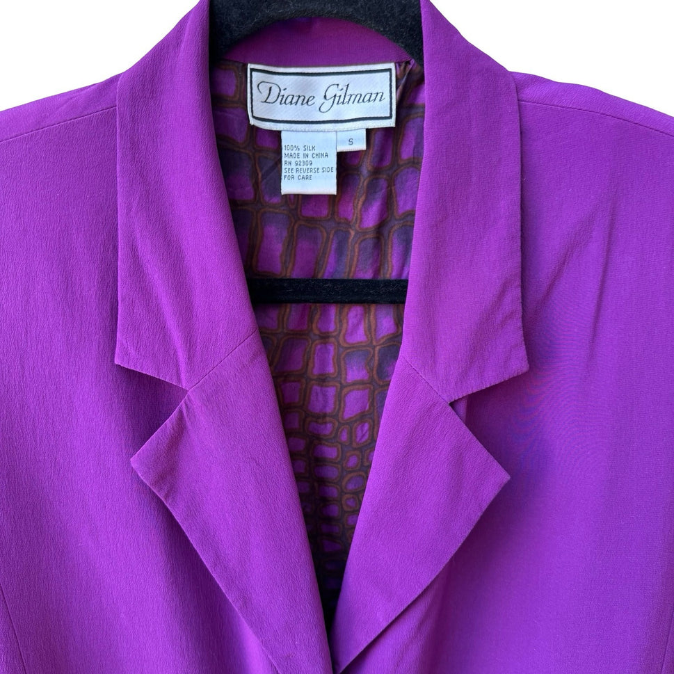 Diane Gilman Vintage 90s Luxury 100% Silk Longline Blazer Jacket Royal Purple S