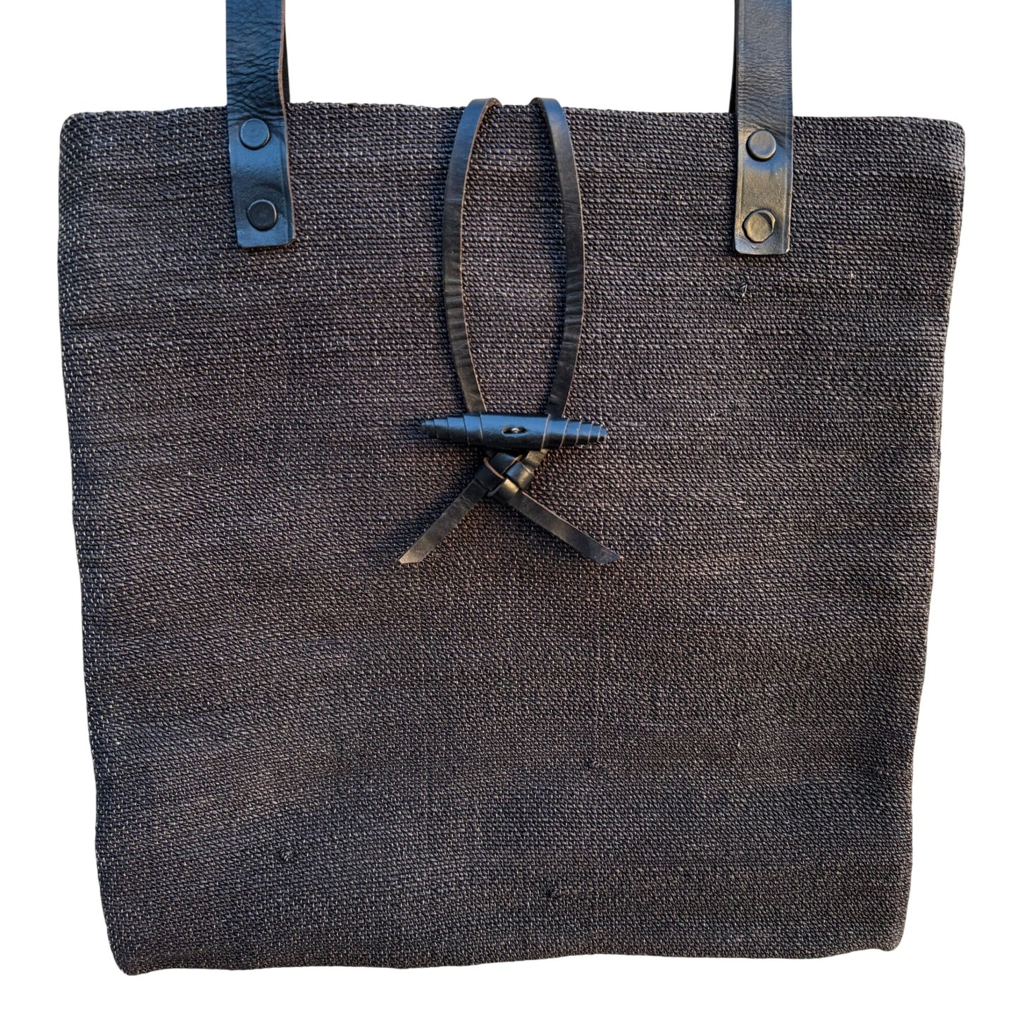 Mien Hawaiian Womens Black Woven Tote Bag Leather Straps Toggle Closure Beach