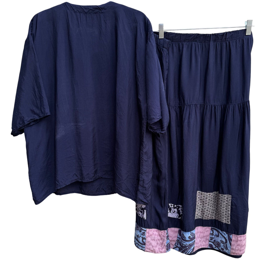 Fixsun Casual Vintage Silk Boho Festival Flowy Blouse Skirt Patchwork Set XL