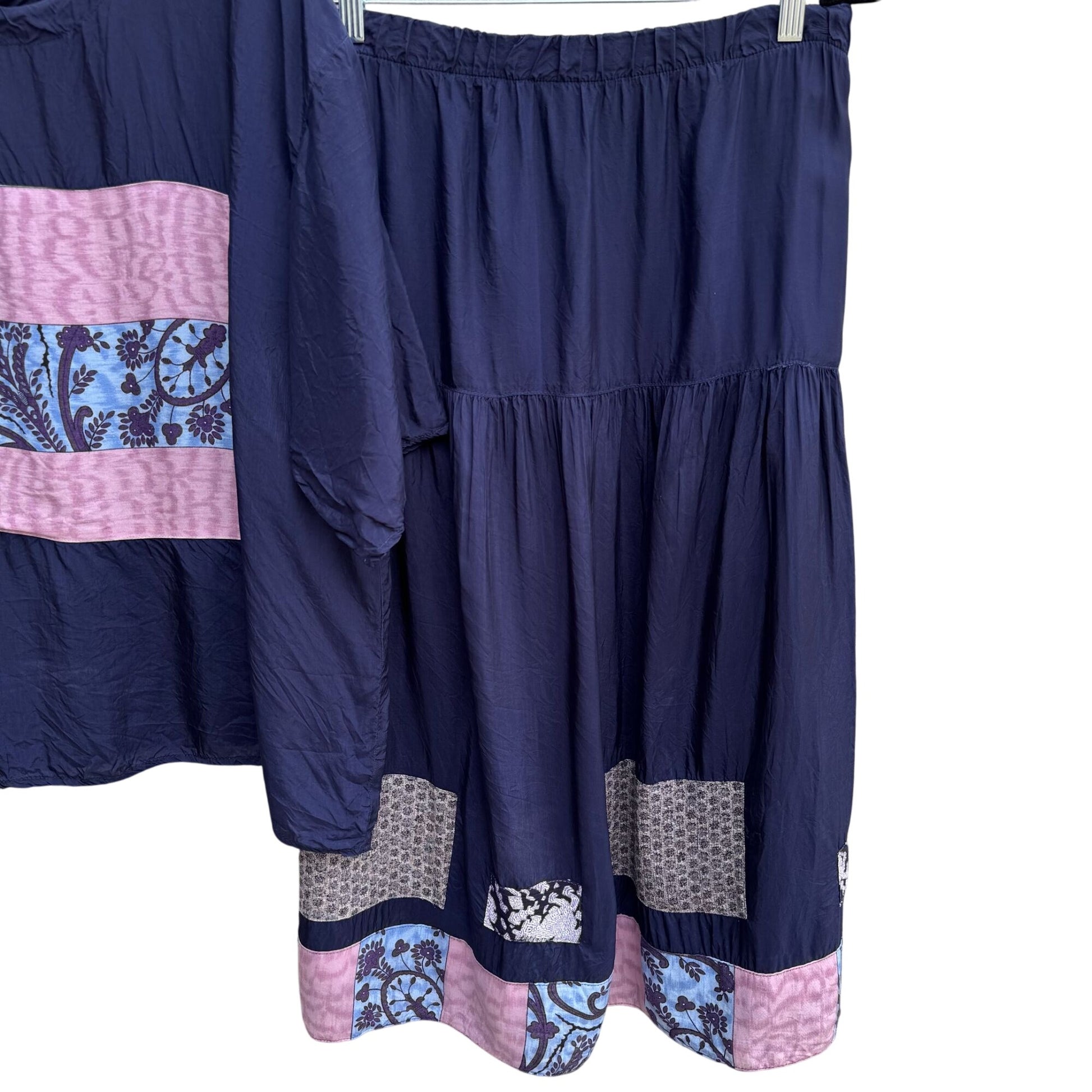 Fixsun Casual Vintage Silk Boho Festival Flowy Blouse Skirt Patchwork Set XL