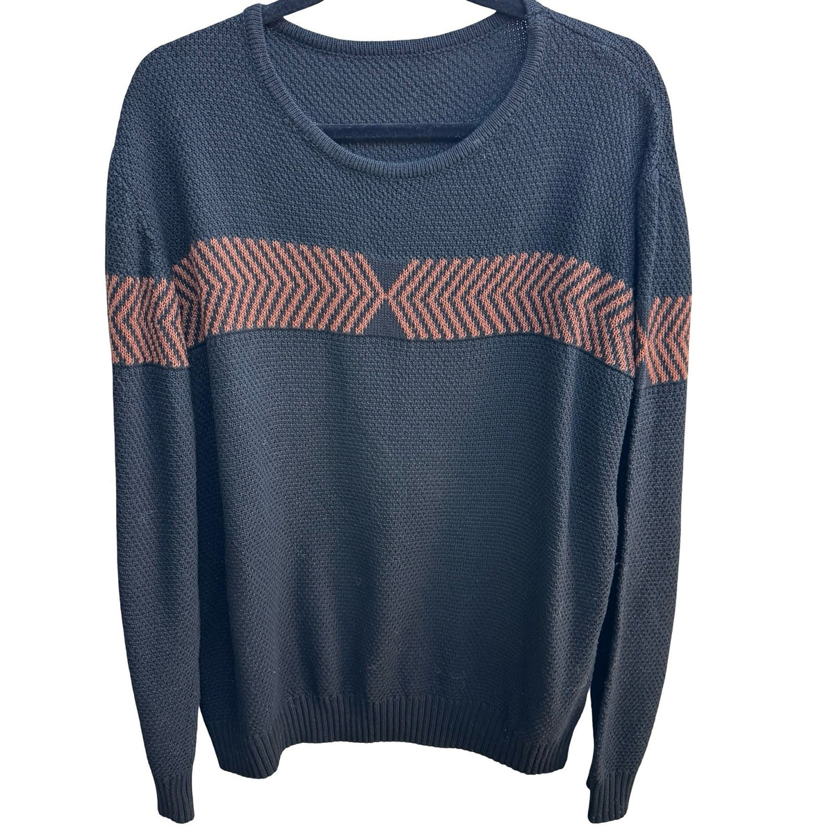 Minimalist Geometric Chevron Textured Knit Crewneck Sweater Charcoal Mens L