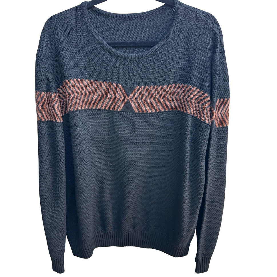 Minimalist Geometric Chevron Textured Knit Crewneck Sweater Charcoal Mens L
