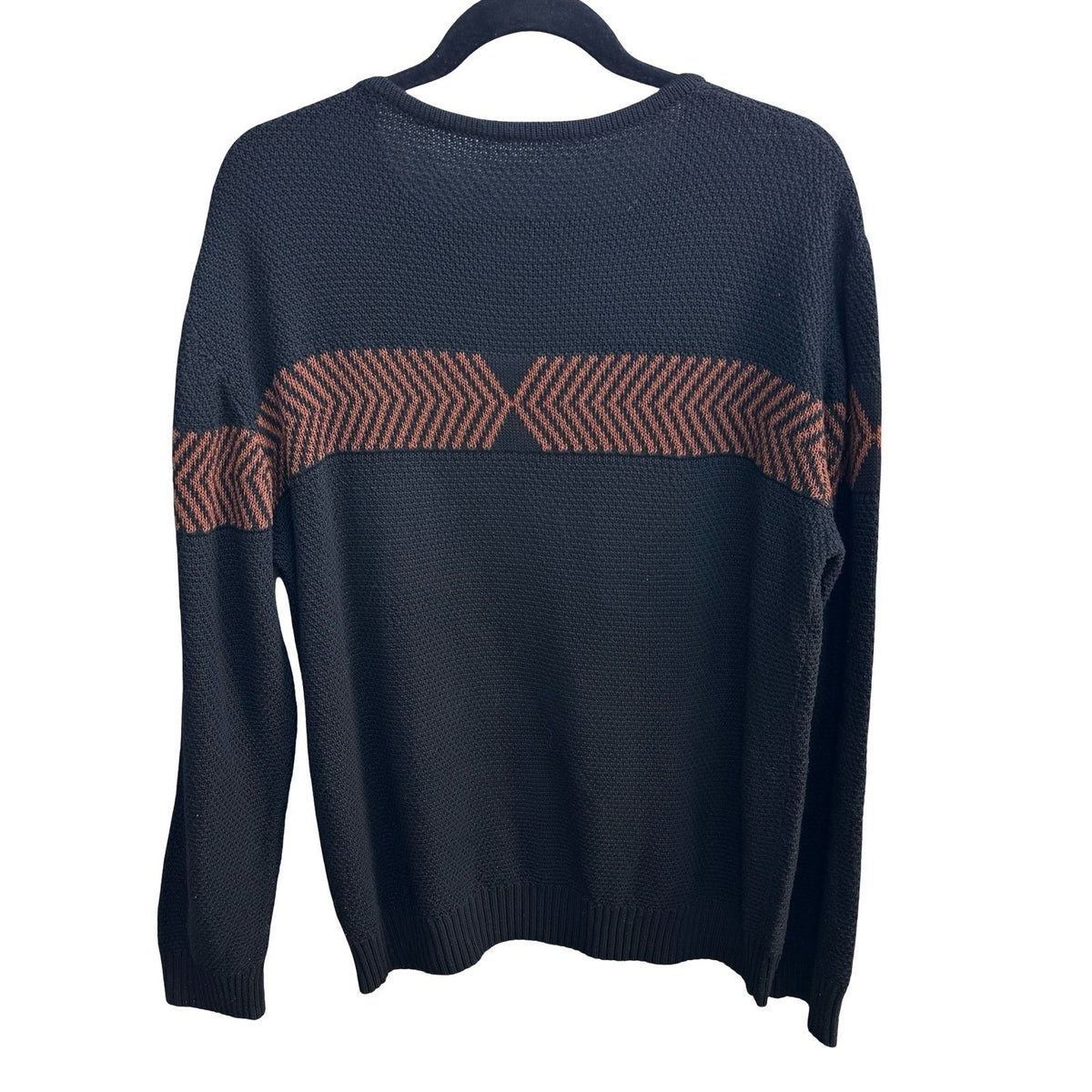 Minimalist Geometric Chevron Textured Knit Crewneck Sweater Charcoal Mens L
