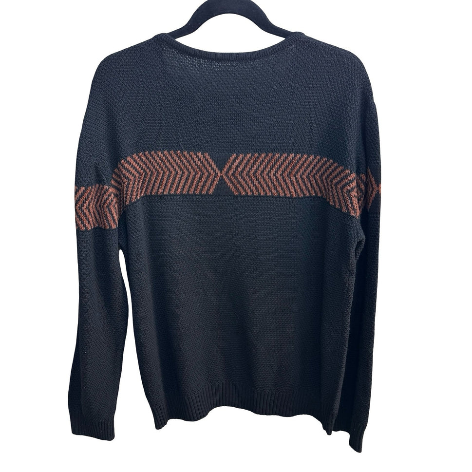 Minimalist Geometric Chevron Textured Knit Crewneck Sweater Charcoal Mens L
