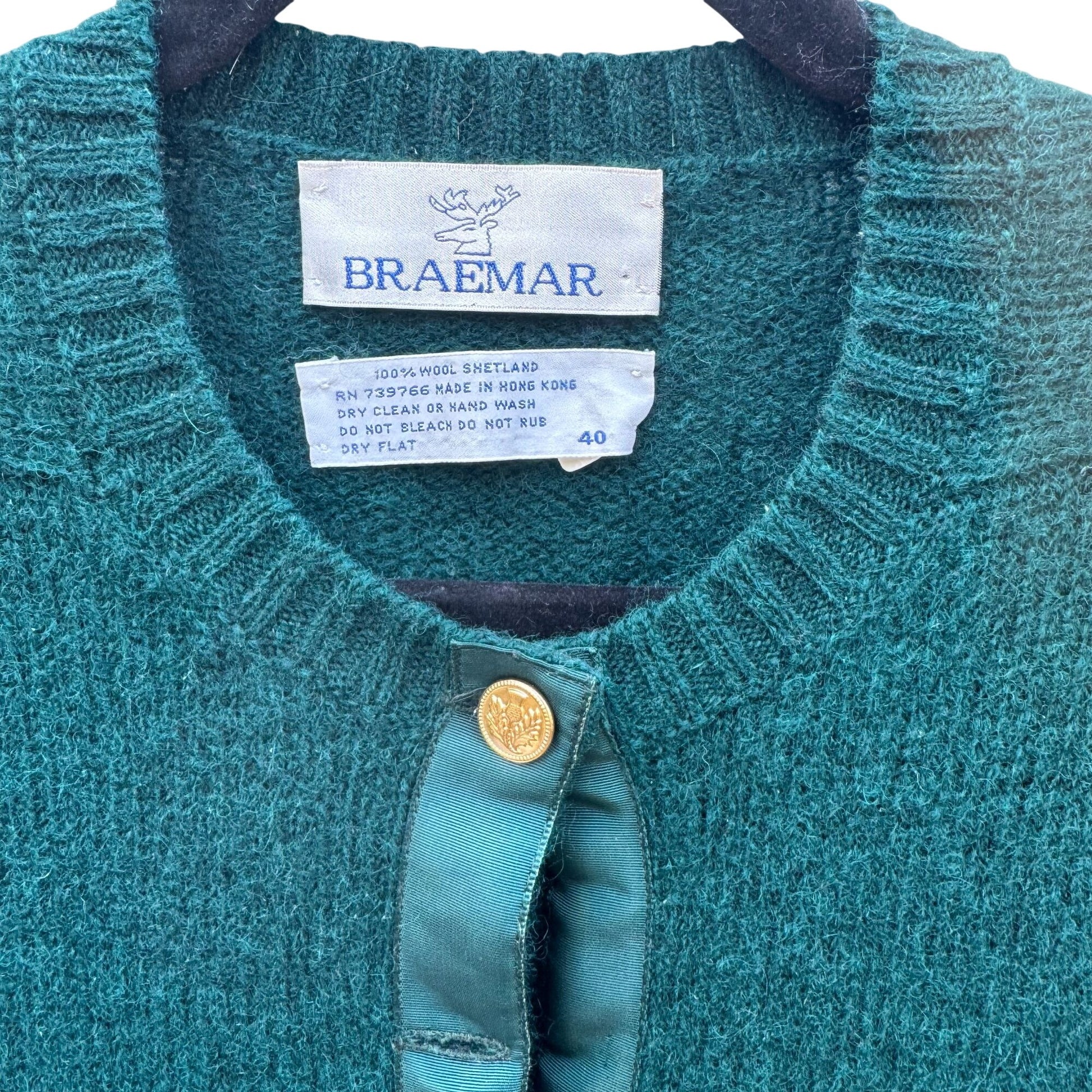 Braemar Vintage Womens Green Wool Knit Shetland Cardigan Sweater Button Defects