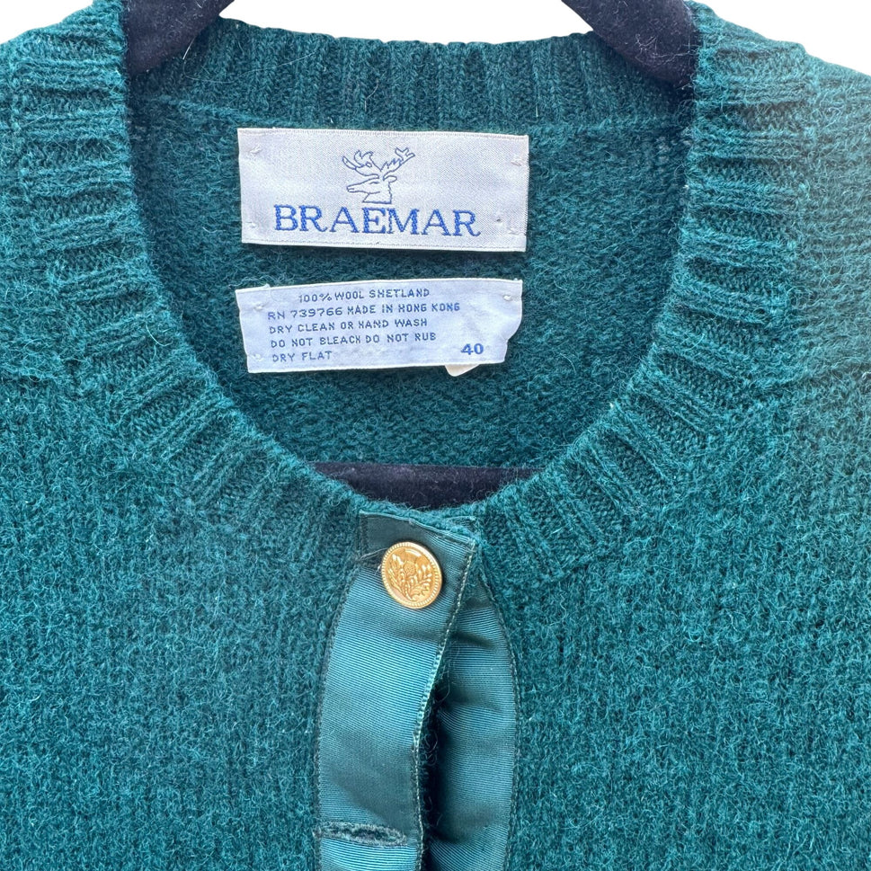 Braemar Vintage Womens Green Wool Knit Shetland Cardigan Sweater Button Defects