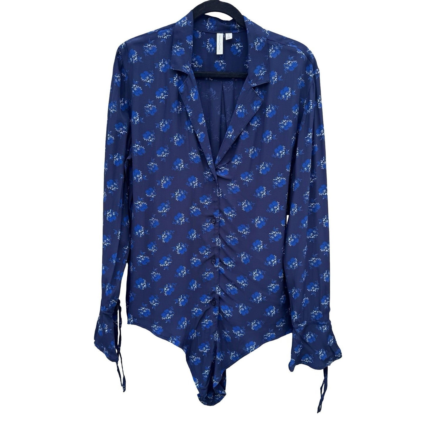 Treasure & Bond Womens Navy Floral Tie Waist Wrists Notched Collar Blouse S NEW