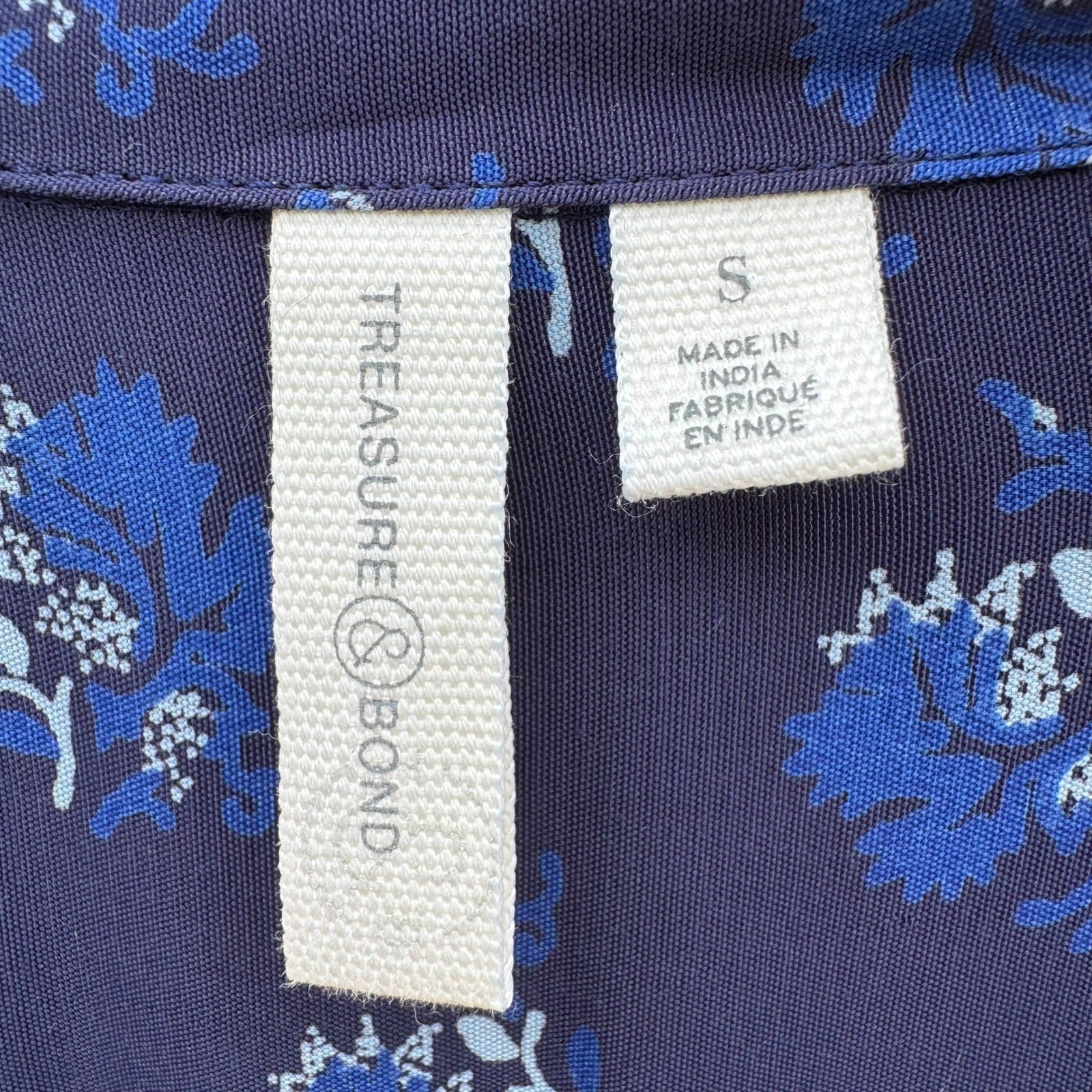 Treasure & Bond Womens Navy Floral Tie Waist Wrists Notched Collar Blouse S NEW