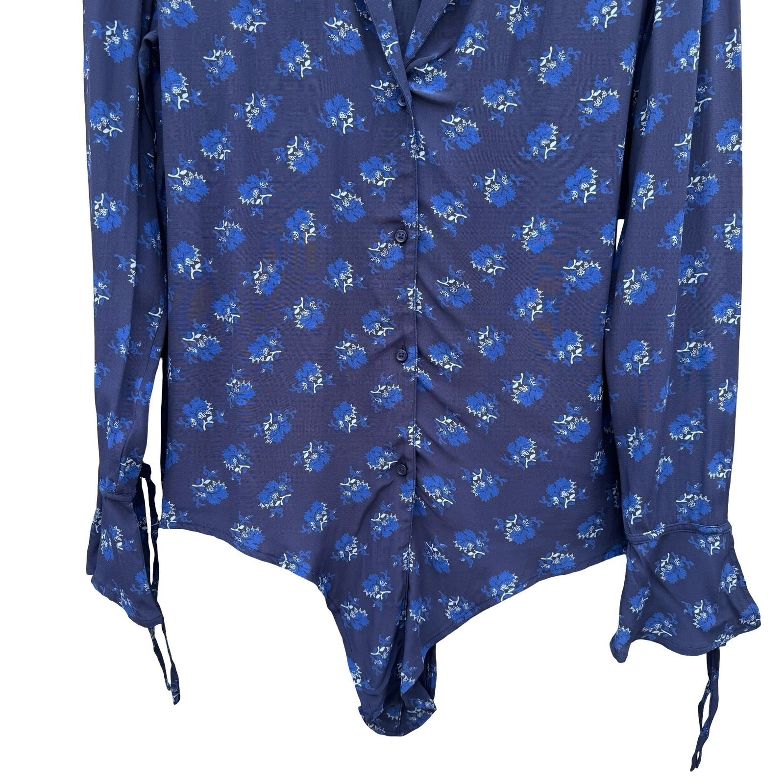 Treasure & Bond Womens Navy Floral Tie Waist Wrists Notched Collar Blouse S NEW