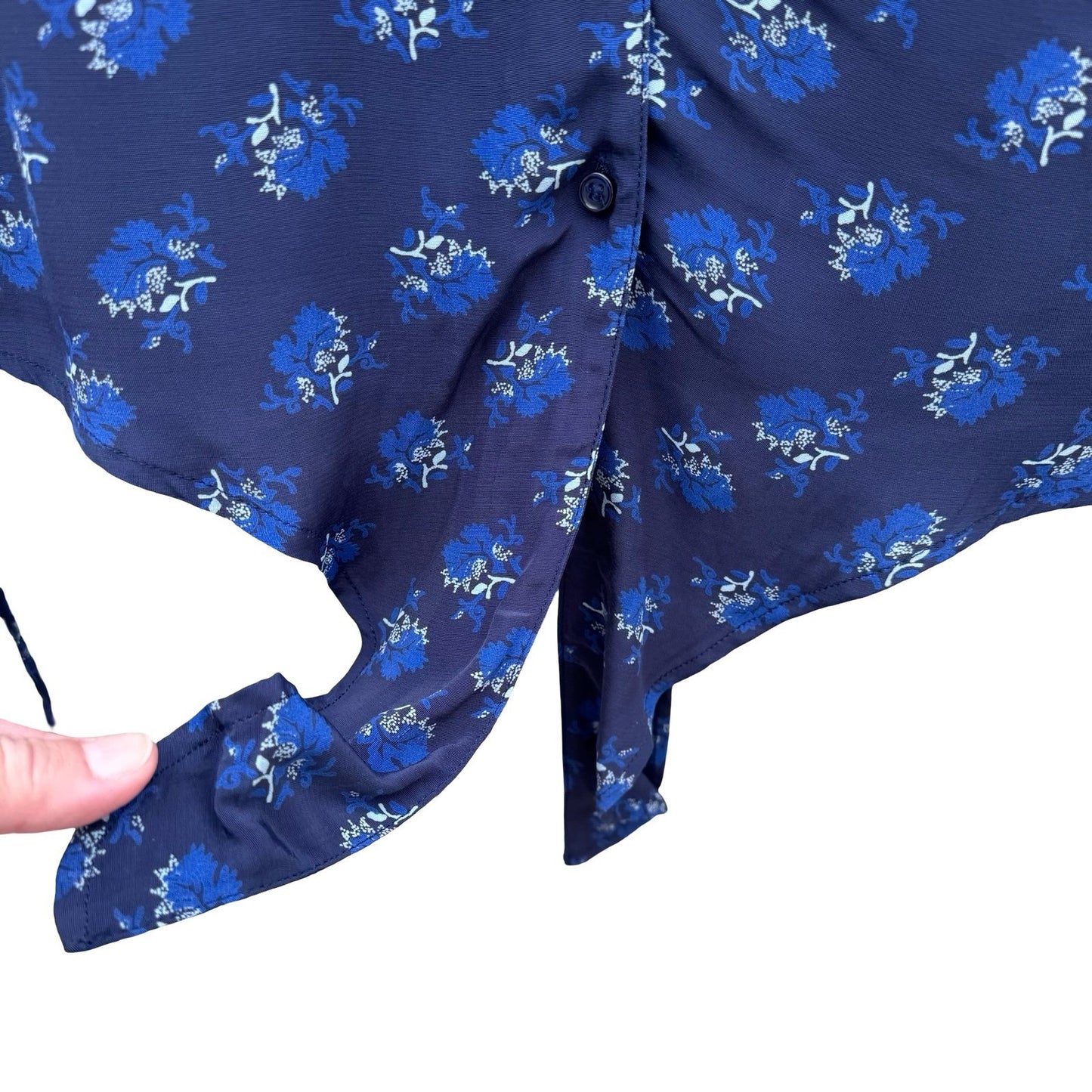 Treasure & Bond Womens Navy Floral Tie Waist Wrists Notched Collar Blouse S NEW