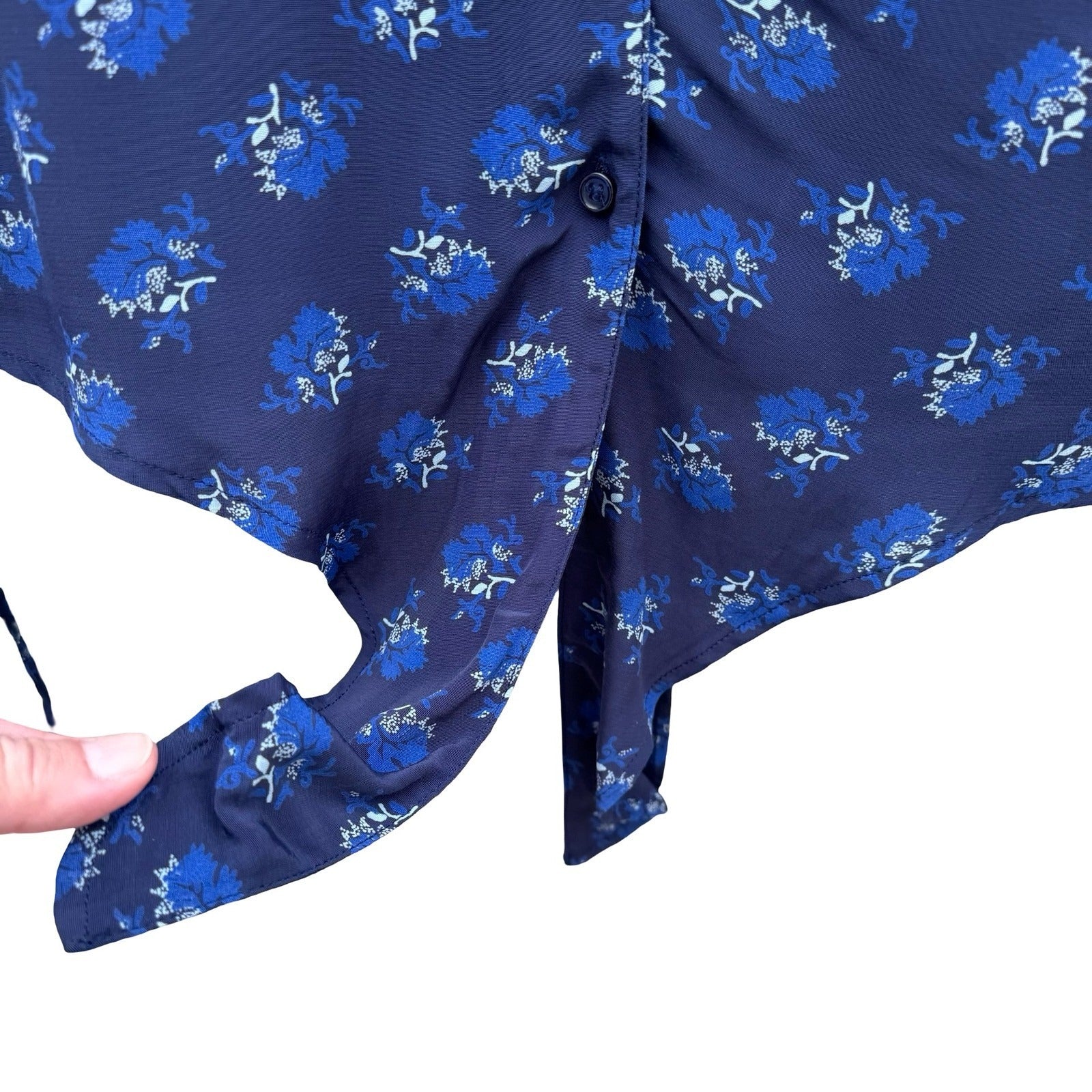 Treasure & Bond Womens Navy Floral Tie Waist Wrists Notched Collar Blouse S NEW