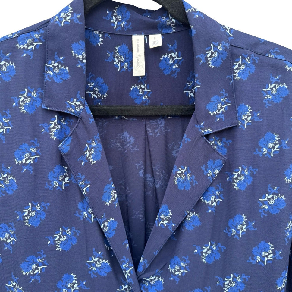 Treasure & Bond Womens Navy Floral Tie Waist Wrists Notched Collar Blouse S NEW
