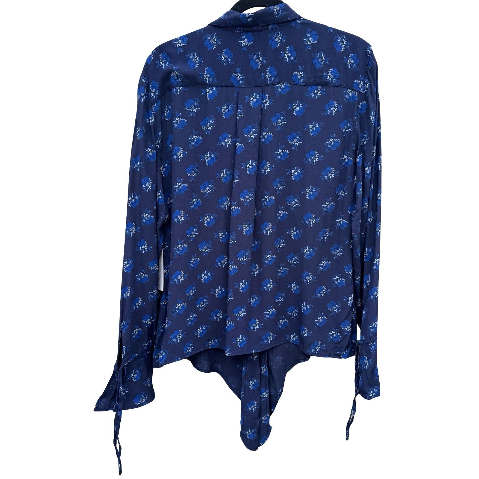 Treasure & Bond Womens Navy Floral Tie Waist Wrists Notched Collar Blouse S NEW
