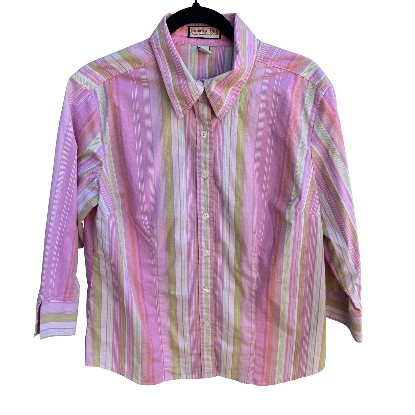 Jamaica Bay Coastal Preppy Beachy Striped 3/4 Sleeve Pineapple Logo Shirt Pink L