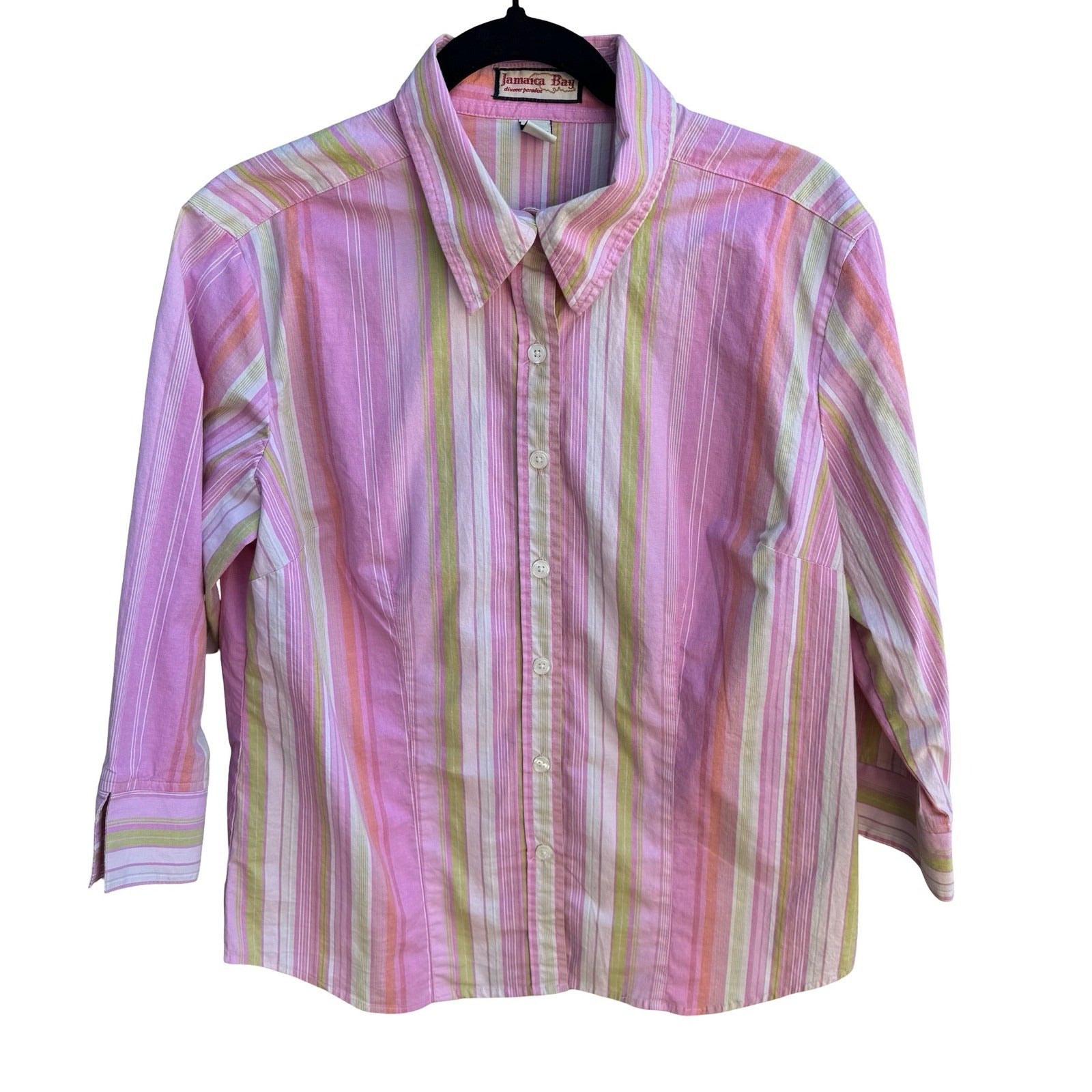 Jamaica Bay Coastal Preppy Beachy Striped 3/4 Sleeve Pineapple Logo Shirt Pink L