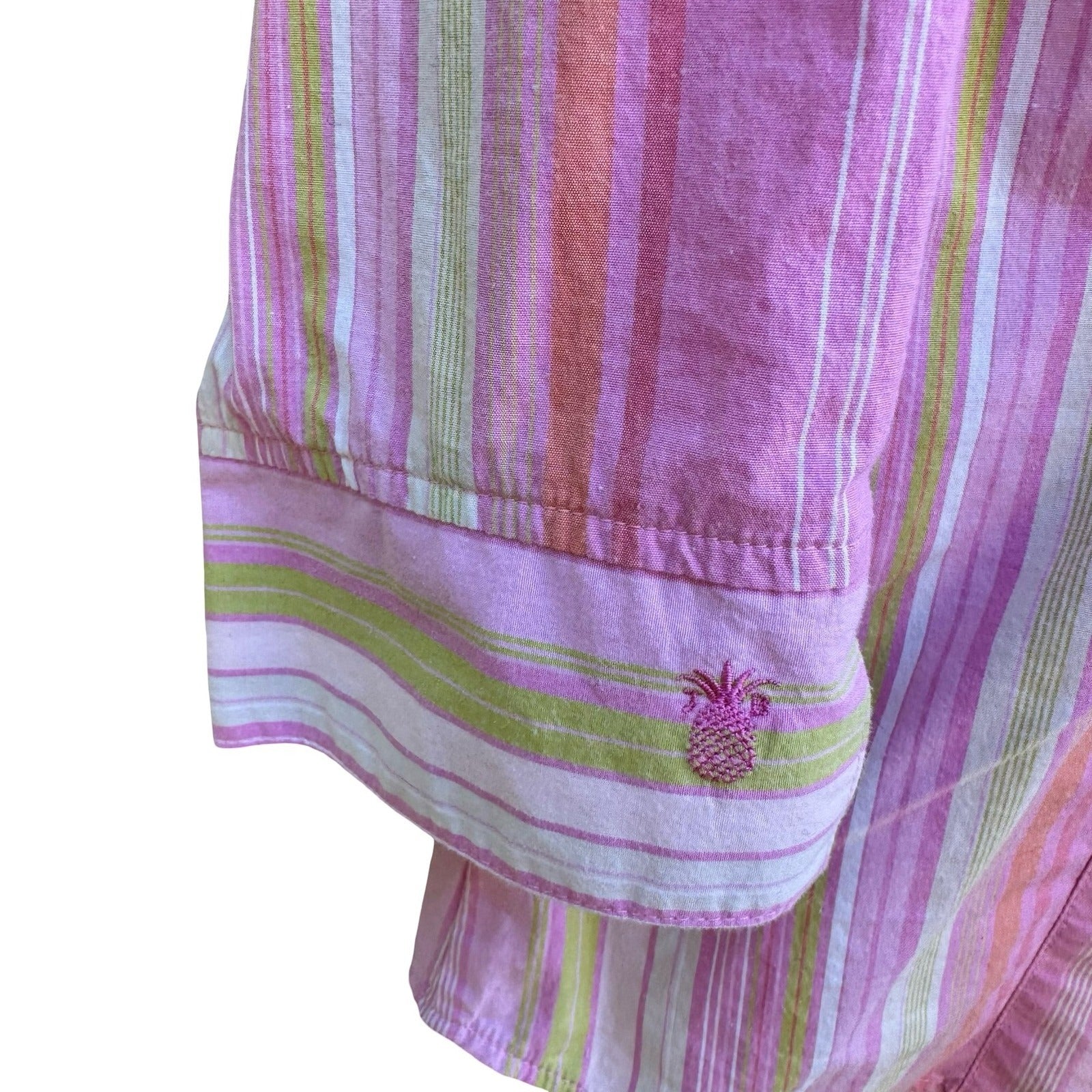 Jamaica Bay Coastal Preppy Beachy Striped 3/4 Sleeve Pineapple Logo Shirt Pink L