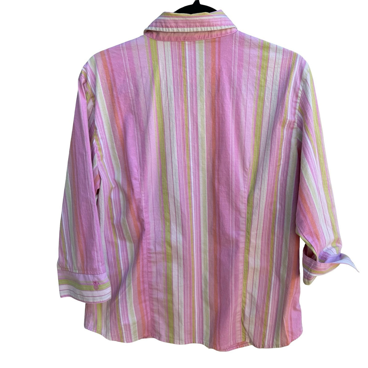 Jamaica Bay Coastal Preppy Beachy Striped 3/4 Sleeve Pineapple Logo Shirt Pink L
