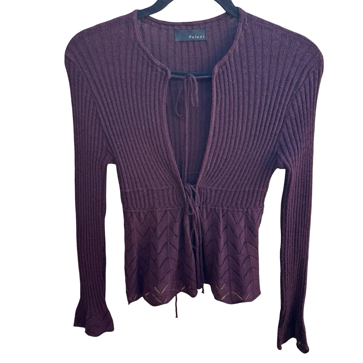 Poleci Y2K Coquette Balletcore Fairy Ribbed Pointelle Peplum Cardigan Burgundy XS