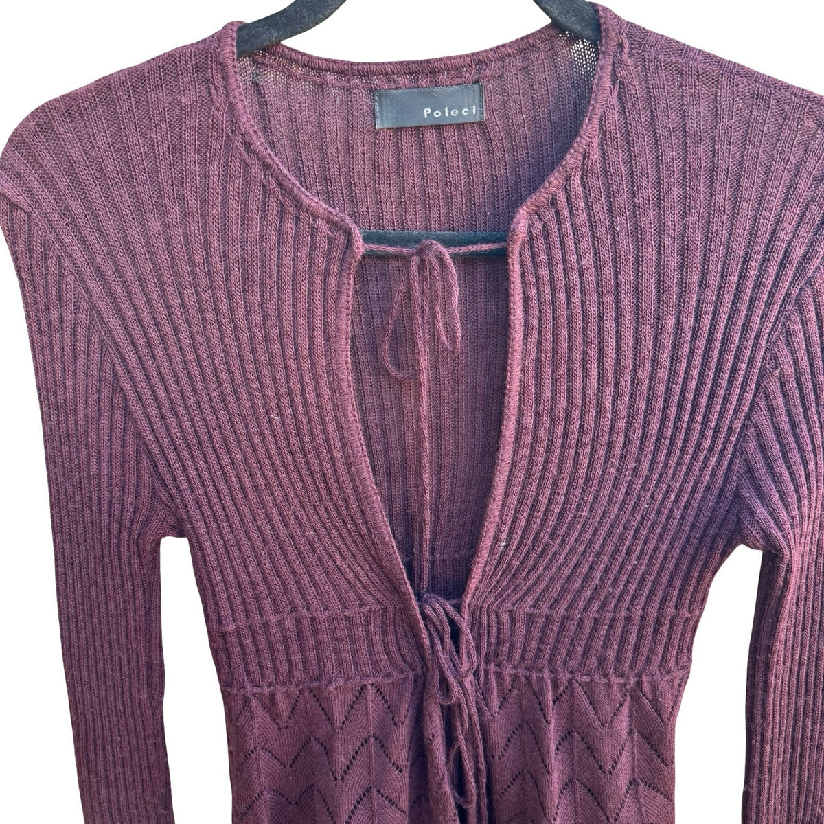Poleci Y2K Coquette Balletcore Fairy Ribbed Pointelle Peplum Cardigan Burgundy XS