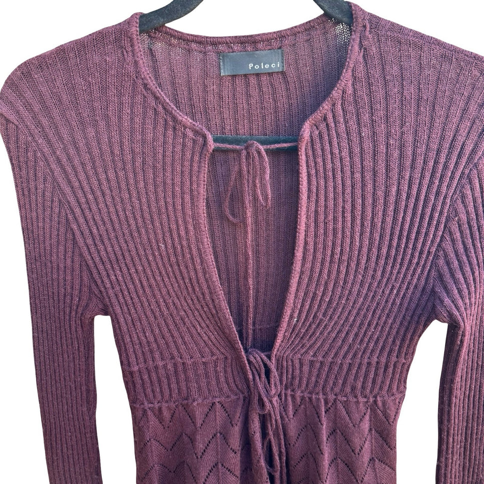 Poleci Y2K Coquette Balletcore Fairy Ribbed Pointelle Peplum Cardigan Burgundy XS