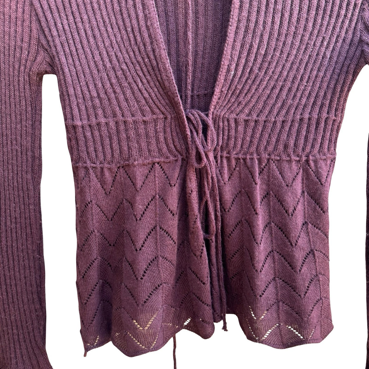Poleci Y2K Coquette Balletcore Fairy Ribbed Pointelle Peplum Cardigan Burgundy XS
