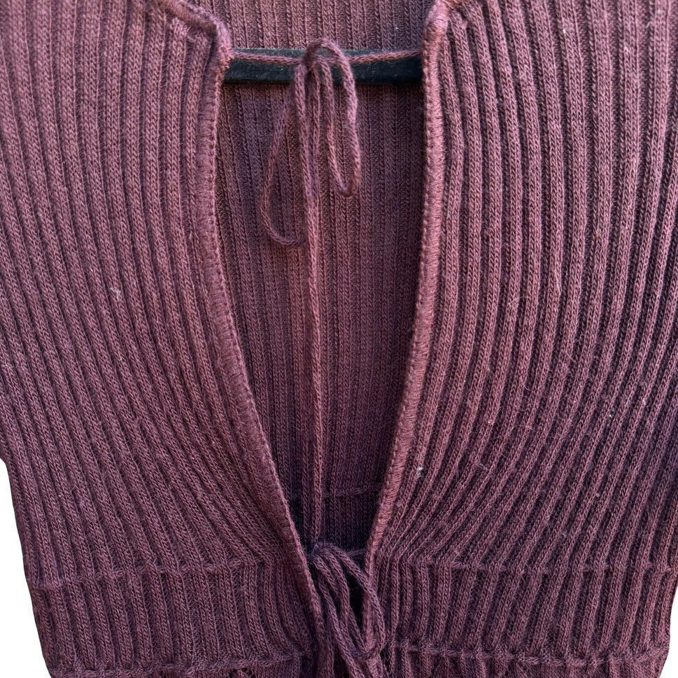 Poleci Y2K Coquette Balletcore Fairy Ribbed Pointelle Peplum Cardigan Burgundy XS