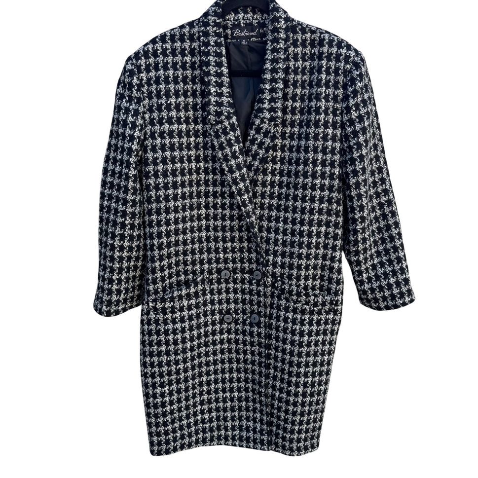 Bestrend Vintage Black & White Houndstooth Wool Blend Chic Outerwear Dress Coat