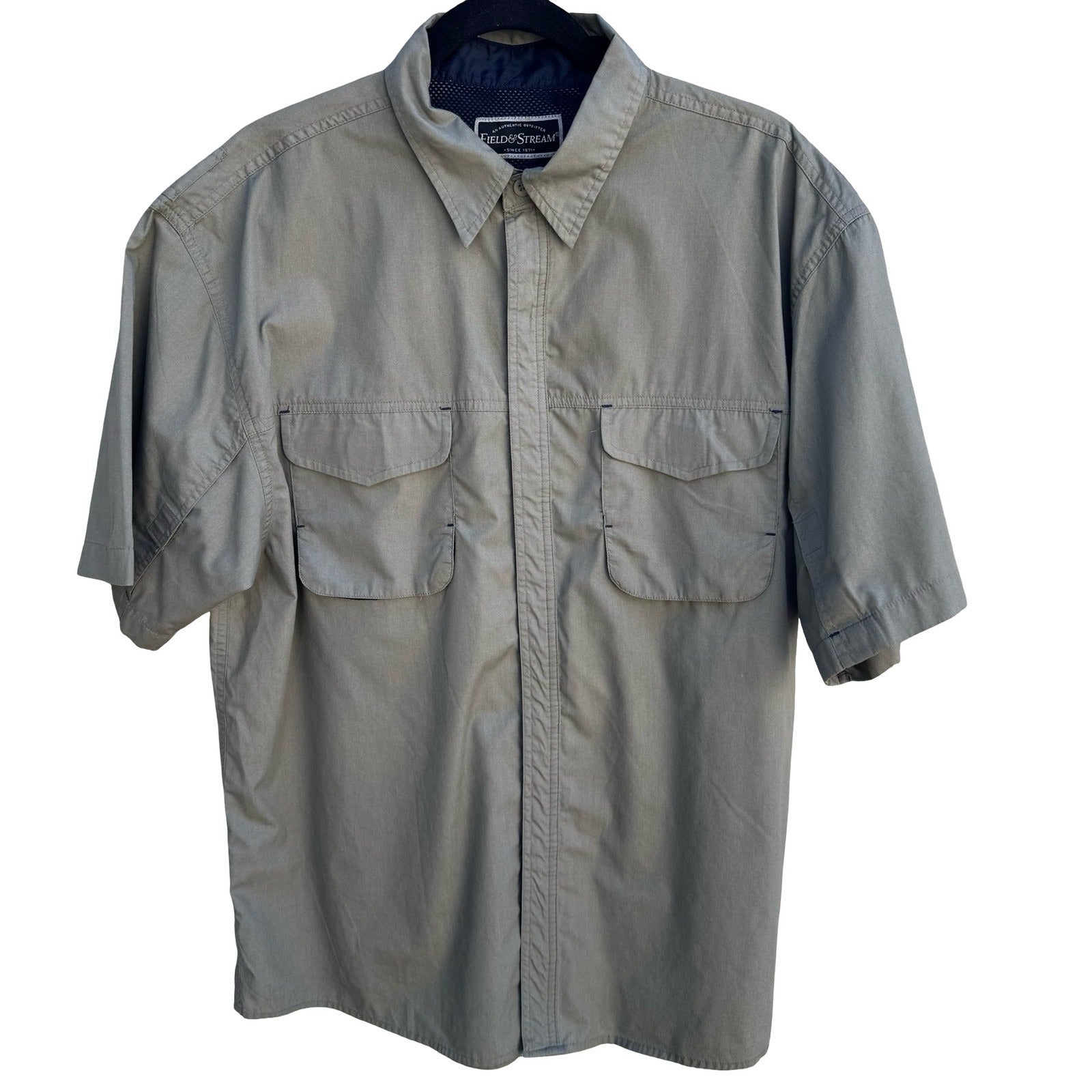 Field & Stream Mens L Short Sleeve Fishing Shirt Khaki Mesh Back Utility Vented