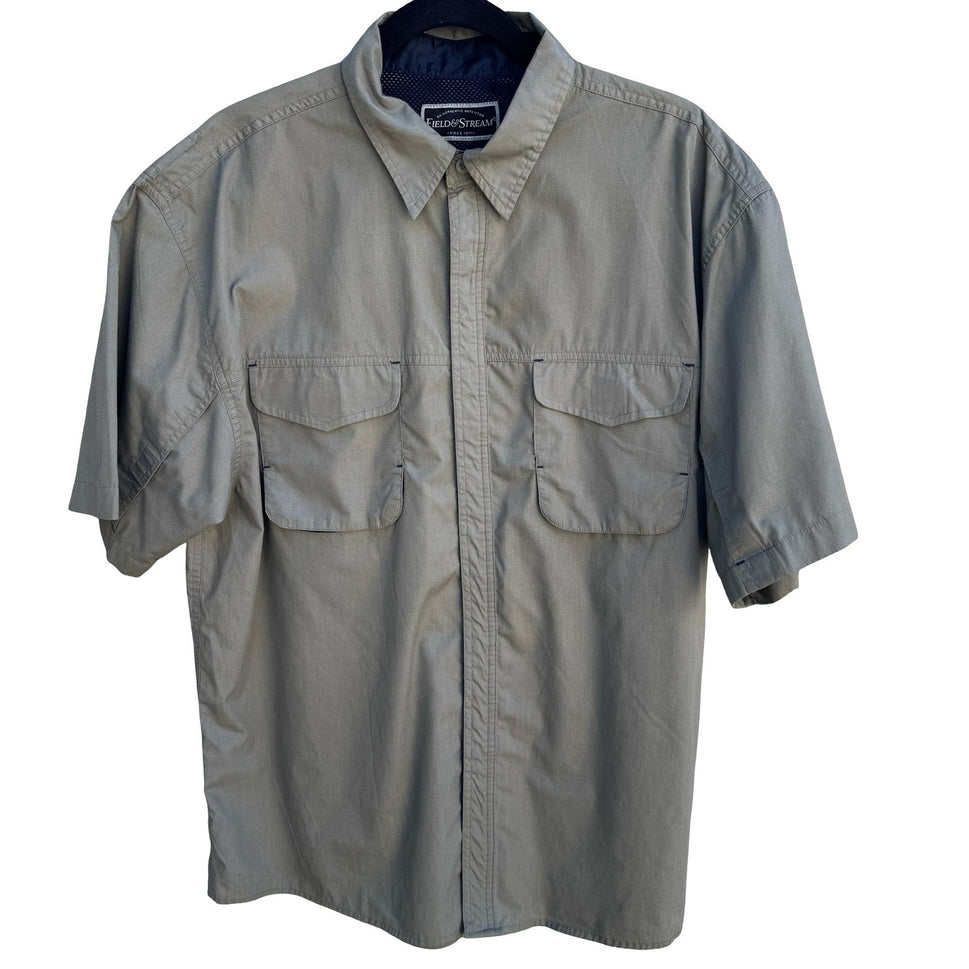 Field & Stream Mens L Short Sleeve Fishing Shirt Khaki Mesh Back Utility Vented