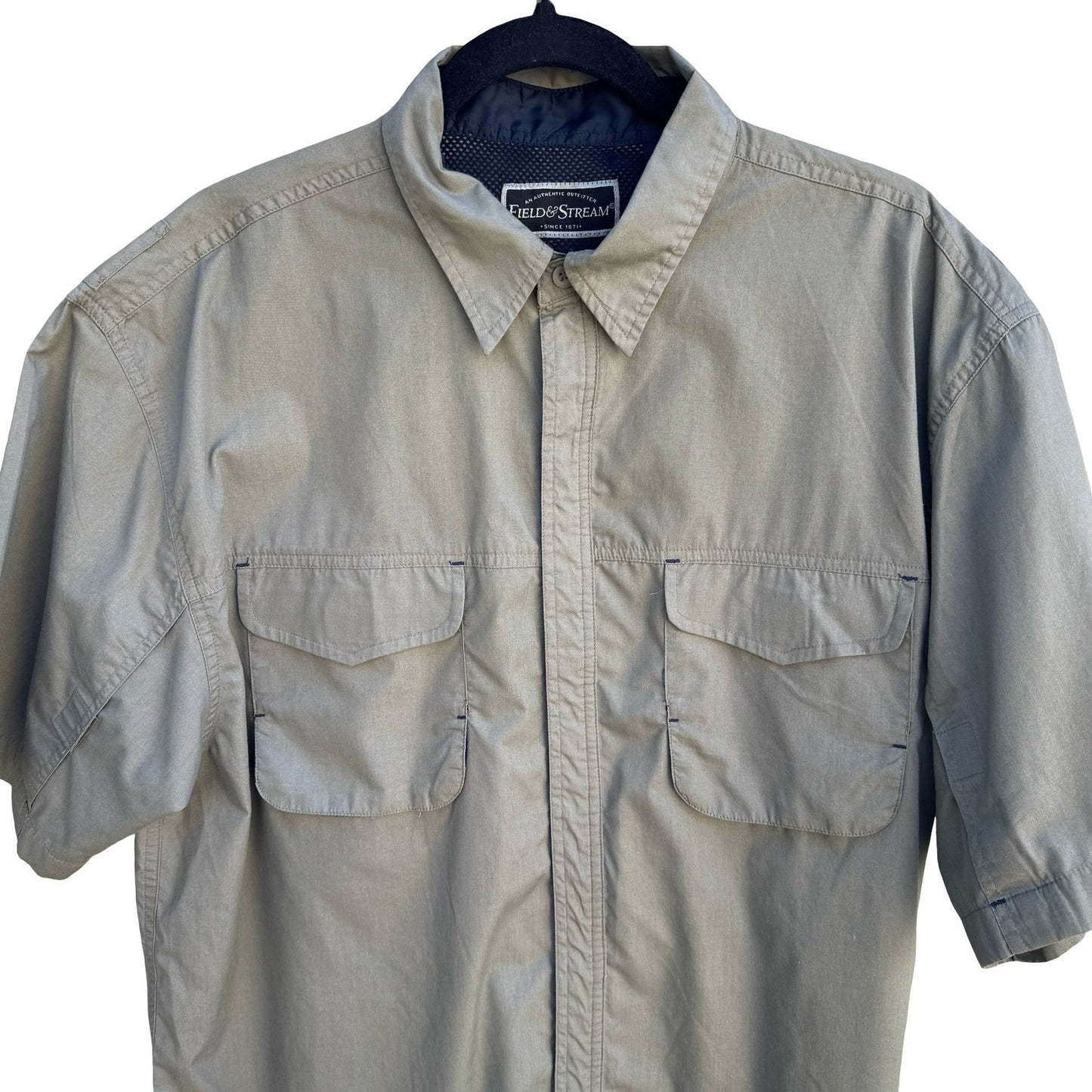 Field & Stream Mens L Short Sleeve Fishing Shirt Khaki Mesh Back Utility Vented