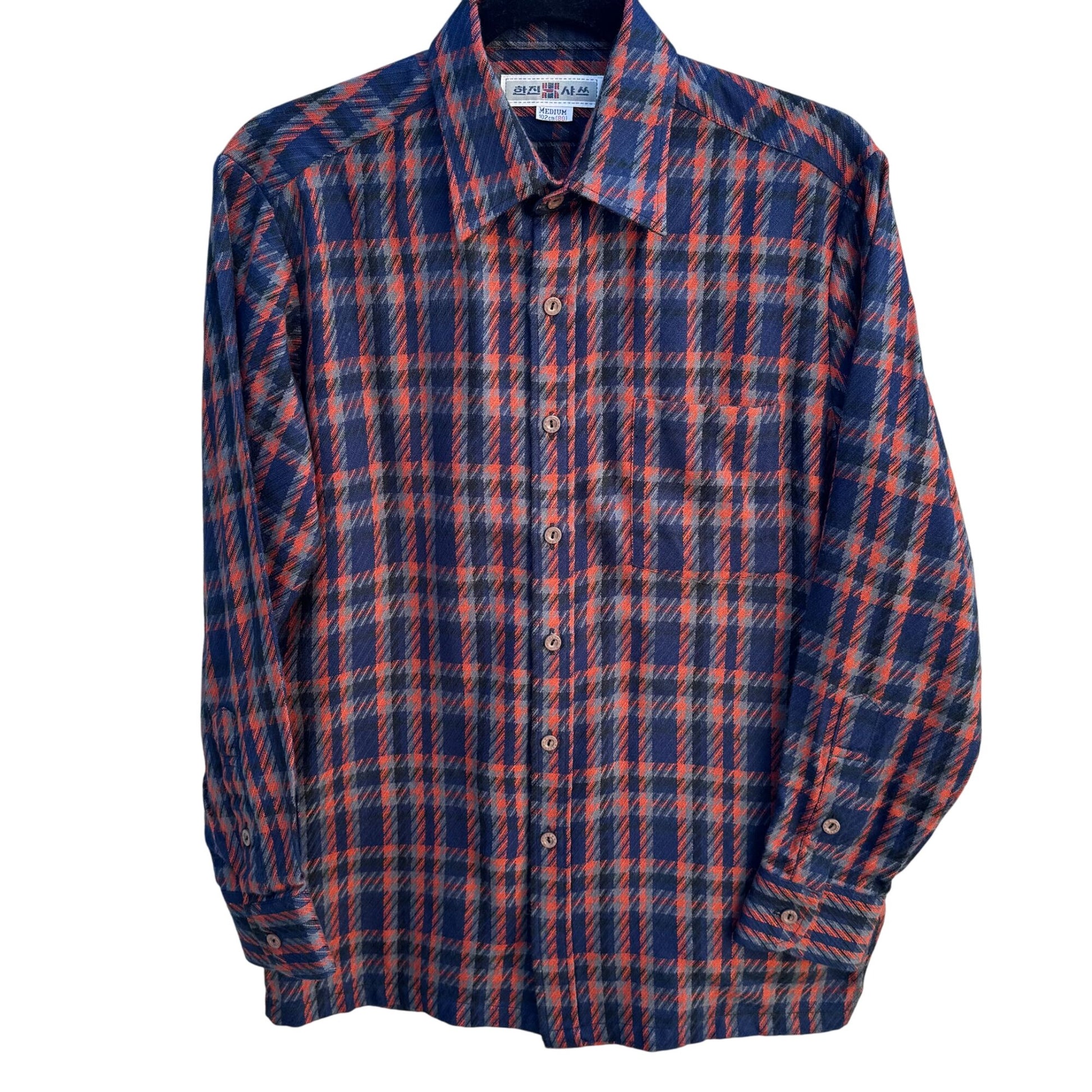 Hanjin Vintage Korean Plaid Button-Up Shirt Red Blue Long Sleeve Classic Retro M