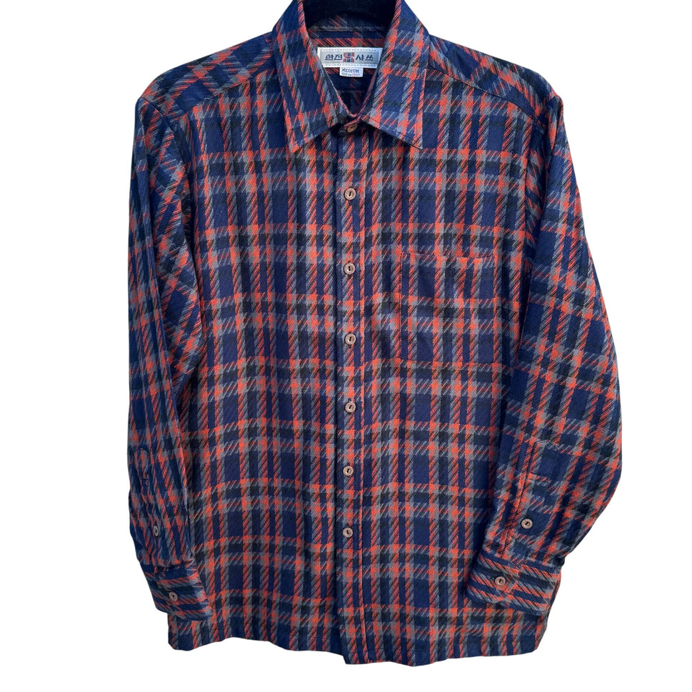 Hanjin Vintage Korean Plaid Button-Up Shirt Red Blue Long Sleeve Classic Retro M