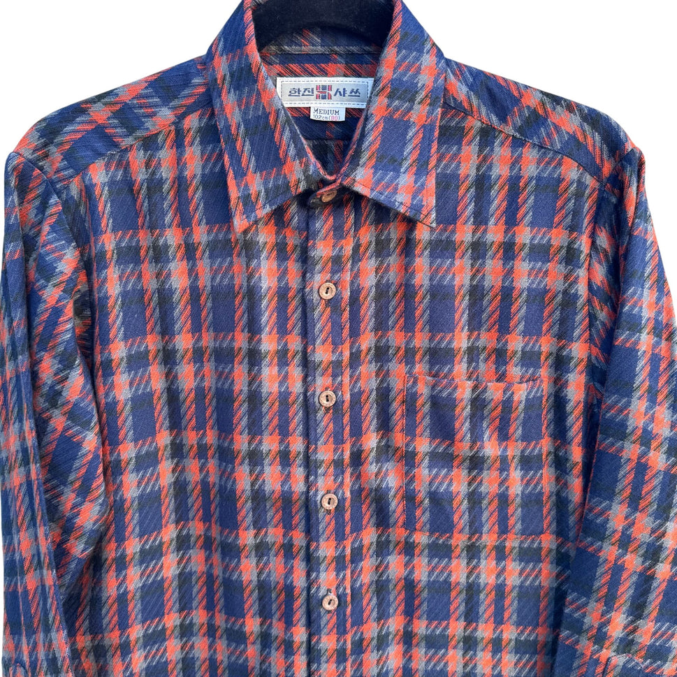 Hanjin Vintage Korean Plaid Button-Up Shirt Red Blue Long Sleeve Classic Retro M