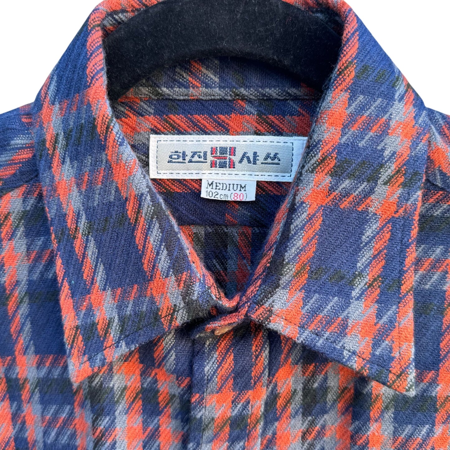 Hanjin Vintage Korean Plaid Button-Up Shirt Red Blue Long Sleeve Classic Retro M