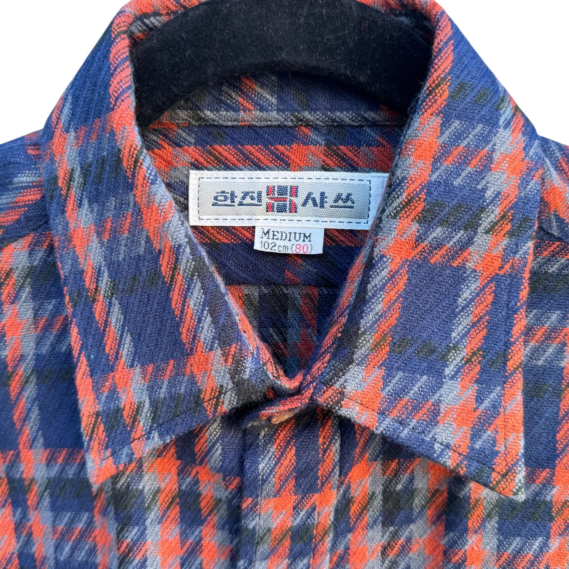 Hanjin Vintage Korean Plaid Button-Up Shirt Red Blue Long Sleeve Classic Retro M