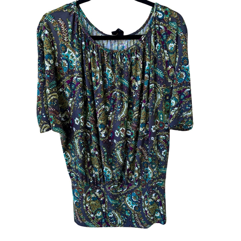 Renee C Paisley Boho Hippie Retro 70s Style Peasant Dolman Sleeve Blouson Top S
