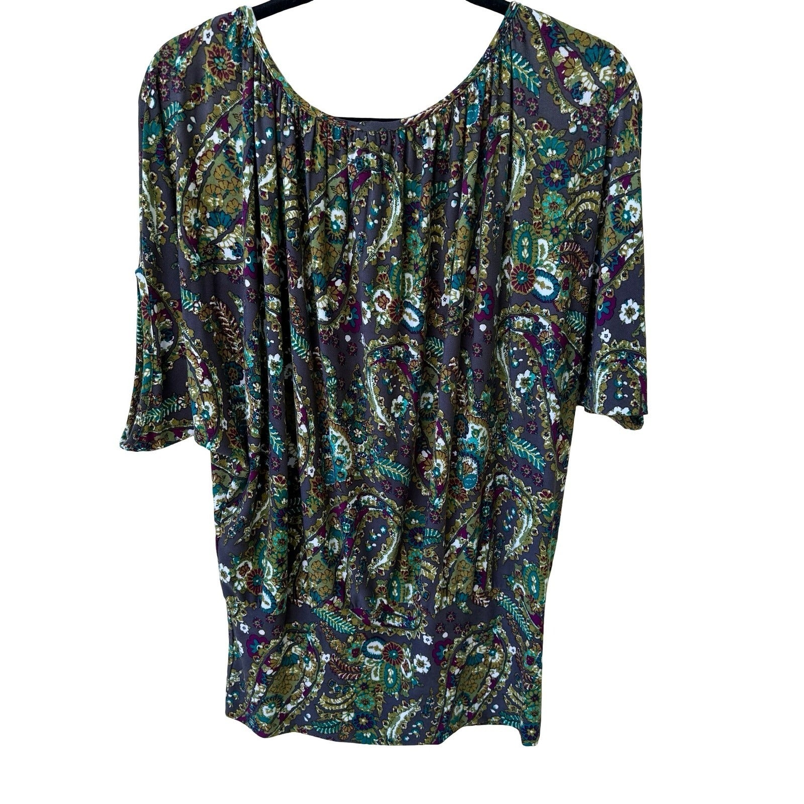 Renee C Paisley Boho Hippie Retro 70s Style Peasant Dolman Sleeve Blouson Top S