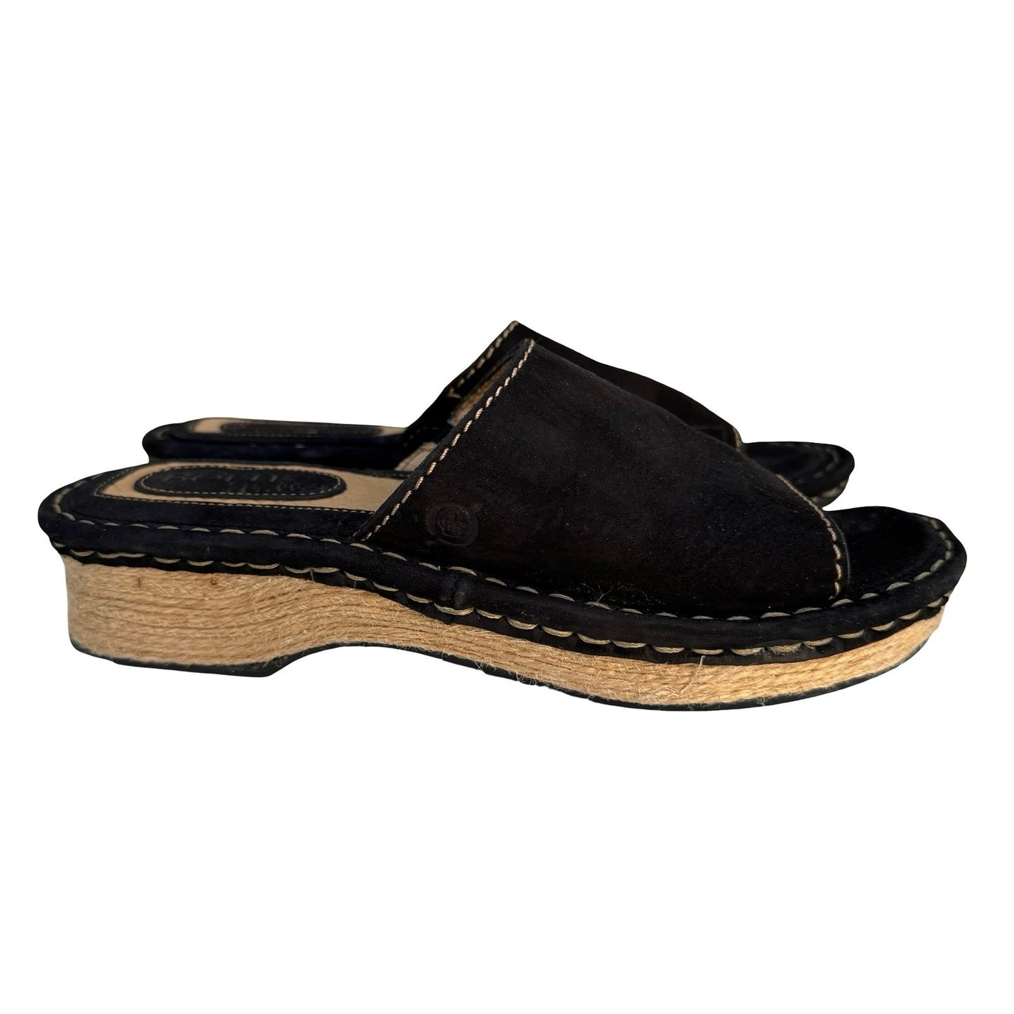 Born Drilles Womens Black Suede Espadrille Slide Sandals Whipstitch Wedge Mules